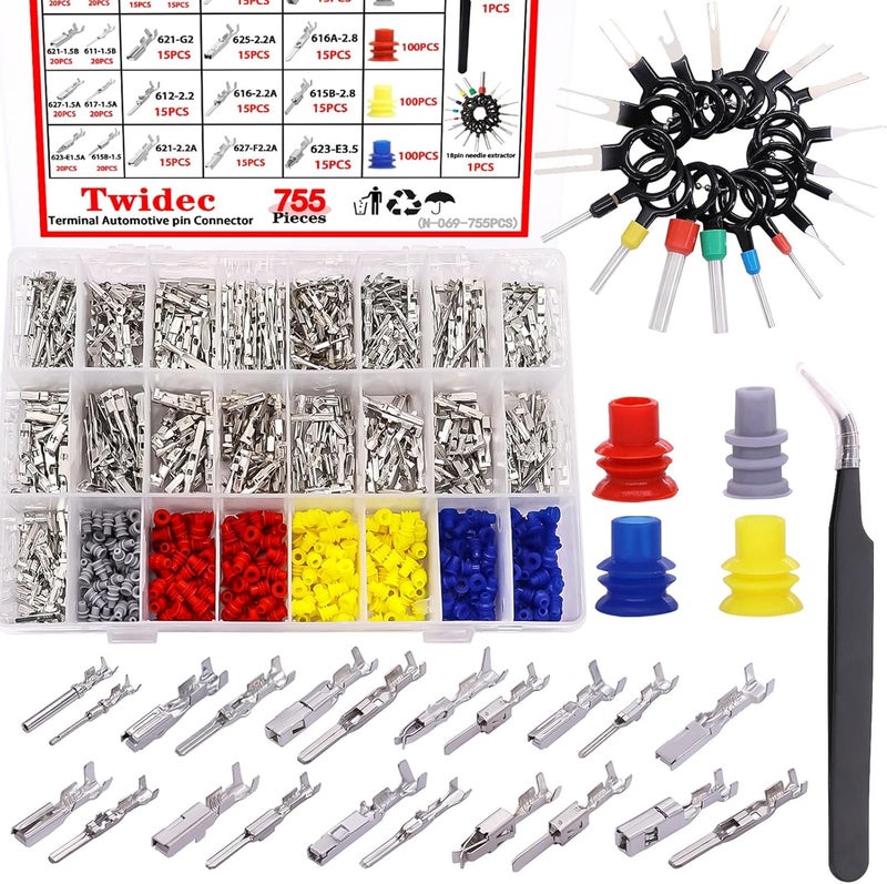 Twidec /755PCS Car Electrical Wire Terminal Pins Connector Kit 21Type 1/1.5/1.8/2.2/2.8/3.5mm Auto Electric Connector Pins Terminal Non-Insulated Plug Removal Male Female Crimp Pins - Image 1